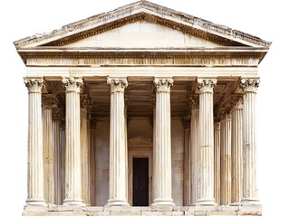 Obraz premium Majestic Greek Neoclassical Temple with Iconic Ionic Columns and Triangular Pediment on White Background