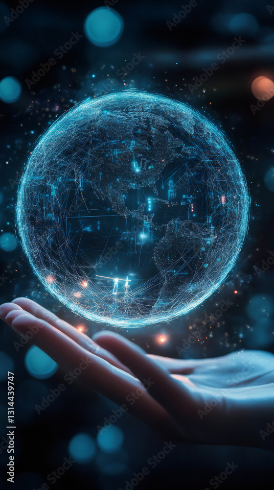 Aufkleber Global network and data exchange concept, hand holding digital world with futuristic network connection and data flow