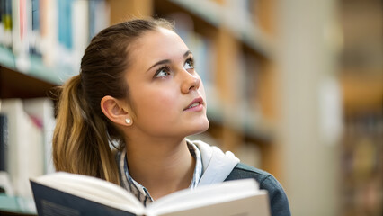 Focused Caucasian Student with Ponytail Against Blurred Bookshelf. Perfect for: International Literacy Day, Back to School, College Events, Book Fairs
