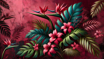 Fototapeta premium Vibrant bird of paradise flowers with tropical leaves against deep red background 