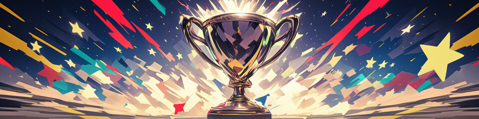 golden trophy shines brightly with colorful starburst patterns in background, evoking sense of achievement and celebration.