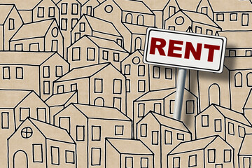 Home Rental and Real Estate concept with buildings and placards with Rent text written rent on it