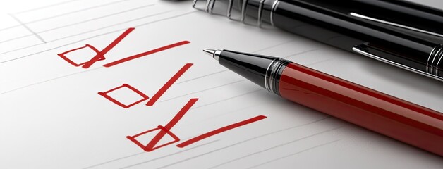 Hand is outlining check boxes on white paper with a red marker, focused on precision during work or study