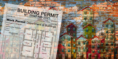 Obraz premium Public housing concept with imaginary General Urban Plan and Buildings Permit with indications of urban destinations