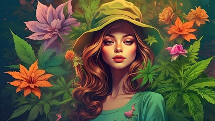 "Vibrant CBD Edible Sweets: Rainbow Icing Cupcake on Dark Textured Background with Scattered Candies and Cannabis Leaves for Indulgent Alternative Wellness Treats."