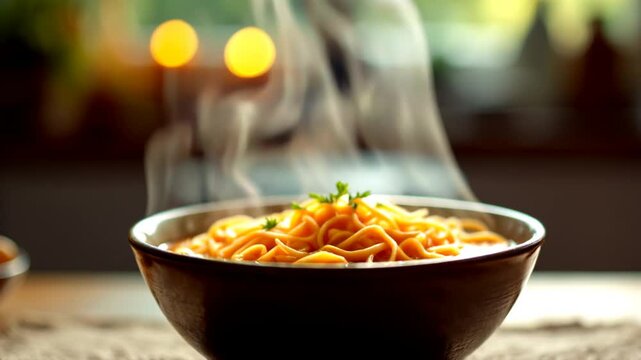 A warm, inviting shot of chicken-flavored miki flat noodle orange thick soup in a ceramic bowl