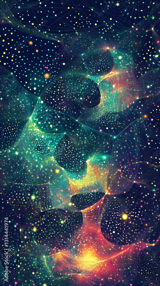 Poster Colorful abstract cosmic background with glowing particles and nebulae creating a mesmerizing colorful universe