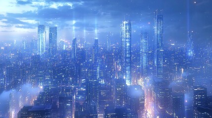 Futuristic Cityscape at Night, Aerial View
