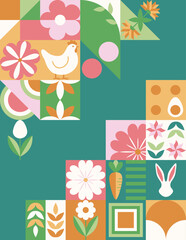 Wielkanocny zielony baner z mozaiką z świątecznymi symbolami. Wiosenny geometryczny wzór z królikiem, jajkami i kwiatami. © Monika