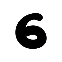Bold digit number six 6. Black font symbol in hand drawn doodle style. Vector illustration isolated on white background. For menu, presentation, branding, font, education, math.