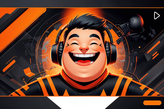 flat illustration of a banner for an entertainment channel of a smiling boy playing with an electronic console - Powered by Adobe