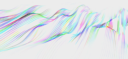 Multicolored wave of glowing dots. Futuristic dot wave of bright particles on light background. Interweaving effect. Futuristic background for presentation design. 3d rendering.
