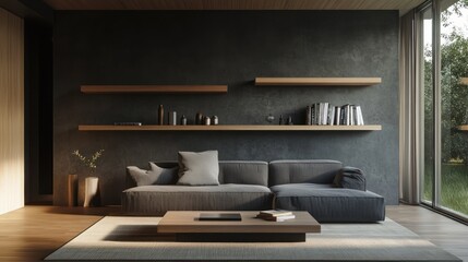 Modern minimalist living room with wooden shelves and sofa