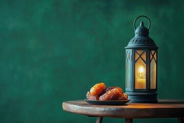 A lantern and dates on a wooden table with a green background for a Ramadan concept