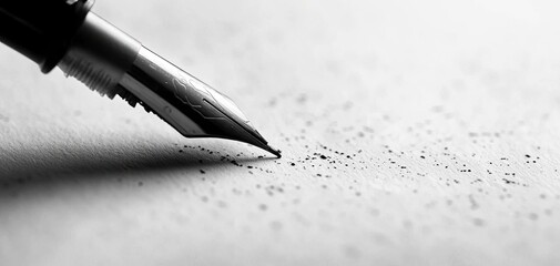 The fountain pen resting on textured paper symbolizes creative writing