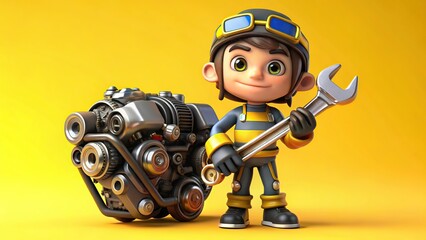 Naklejka premium 3d cute cartoon cyberpunk mechanic holding a wrench isolate on yellow background. Generative AI