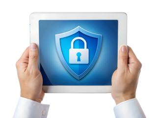 hands on a white background holding ipad. Ipad shows blue shield with padlock. Online security, data protection. Image ideal for tech articles websites about cyber security