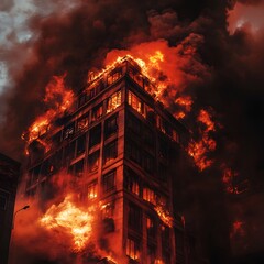 Thick, swirling smoke filling the air around a blazing building