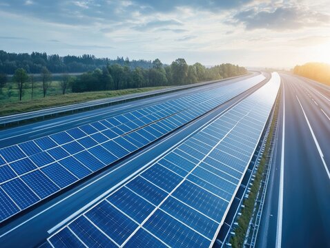 Solar panels flanking highway offering sustainable energy and transportation