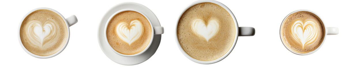 A png image displays a white ceramic cup of latte, distinguished by a carefully crafted heart design, positioned on a transparent background