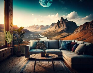 古代の地球と現代の部屋の融合. generated by AI.