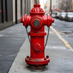 A bright red fire hydrant on a city street, ready to be used by firefighters in an emergency.