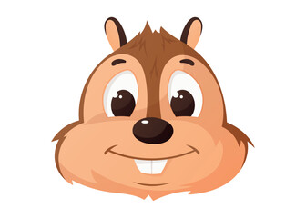 Cute cartoon chipmunk head with big eyes and a happy smile. Adorable woodland animal mascot, perfect for kids' products, games, stickers, and logos. Vector isolated illustration