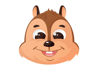 Cute cartoon chipmunk head with big eyes and a happy smile. Adorable woodland animal mascot, perfect for kids' products, games, stickers, and logos. Vector isolated illustration