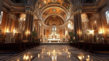 Obraz premium Church interior, ornate altar, candlelight, marble floor, religious ceremony