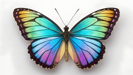 Obraz premium Rainbow Wings: A vibrant butterfly, its delicate wings adorned with a mesmerizing spectrum of colors, rests gently, presenting its beauty in exquisite detail