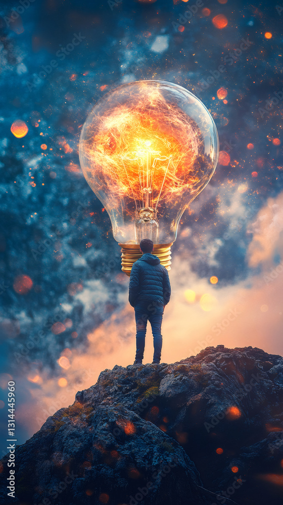 Poster surreal image of a man observing a giant light bulb containing a burning galaxy, symbolizing the pow