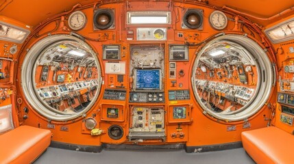 Fototapeta premium Submarine control room interior, museum exhibit, panoramic view
