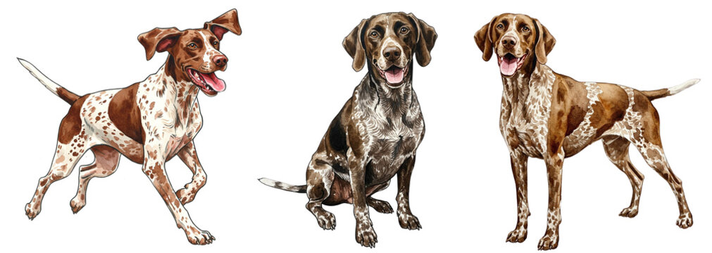 German Shorthaired Pointer illustrations, athletic pet clipart, watercolour style clipart collection isolated on a transparent background