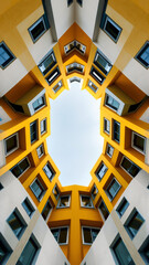 Bottom up view of bright modern yellow apartment buildings