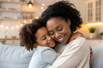 Obraz premium Happy afro-american lovely black mom embracing her child at home. Closeup.