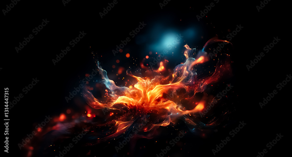 Poster vibrant abstract design features fiery orange and cool blue hues blending dynamically against a star