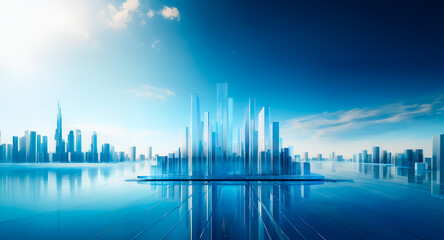 Fototapeta premium A modern cityscape under a clear blue sky features tall, sleek buildings. Reflections shimmer on the water's surface, creating a futuristic and serene urban scene.