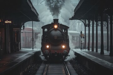 Steam train in historic station with dramatic smoke. Neural network AI generated