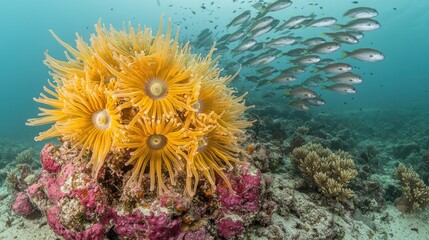 Underwater coral reef; fish school swims past yellow anemones