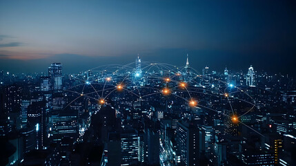 Panoramic Cityscape at Twilight with Blurred City Lights and Glowing Windows from High Angle View