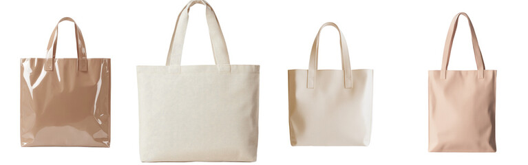 The beige canvas tote bag, which is plain in design and has handles, is a versatile bag suitable for shopping, groceries, and daily use, presented on a transparent background as a png file