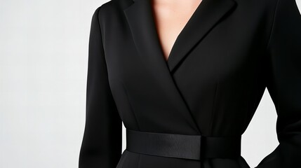 Close-up of a woman's elegant black blazer dress, showcasing its sophisticated design and impeccable tailoring.