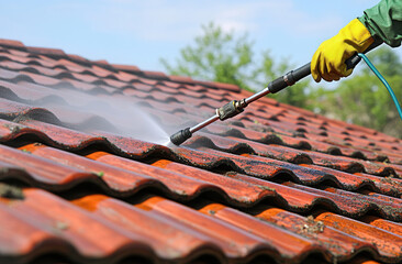 Pressure washing cleans a dirty tile roof.