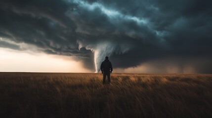 Storm Chaser Watching a Massive Tornado in Open Field