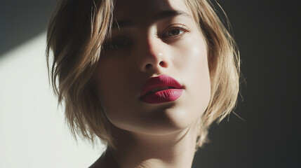 Fototapeta premium Portrait of a Beautiful Woman with Bright Pink Lips, Face Partially Shaded in a Head-and-Shoulders Composition, Softly Illuminated by Left-Side Window Light