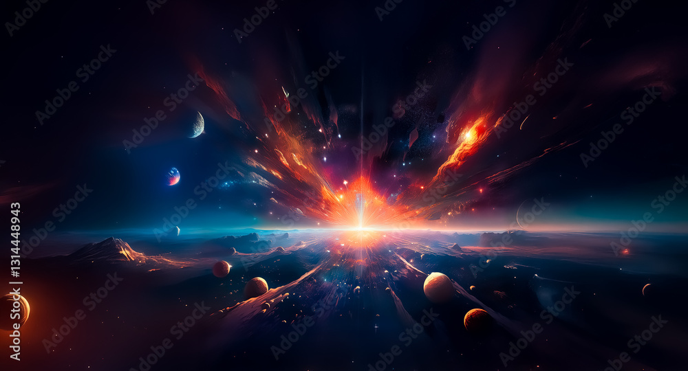 Poster vibrant cosmic explosion with celestial bodies and radiant light in a vast universe. planets and sta