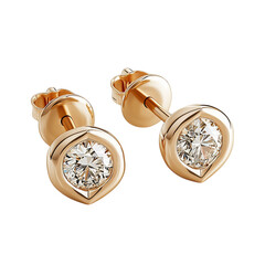 A Pair of Elegant Gold Earrings with a Diamond Isolated on Transparent Background