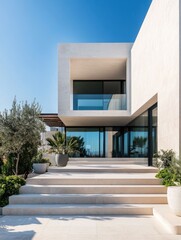 Modern minimalist villa with geometric design and bright blue skies