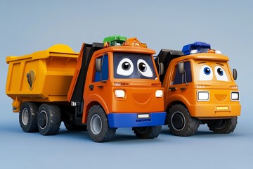 Naklejka premium Cartoon Dump Trucks Smiling on Blue Background Toy Vehicle Concept