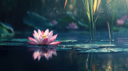 Serene Pink Lotus Flower Blossoming in Calm Reflective Water Surface